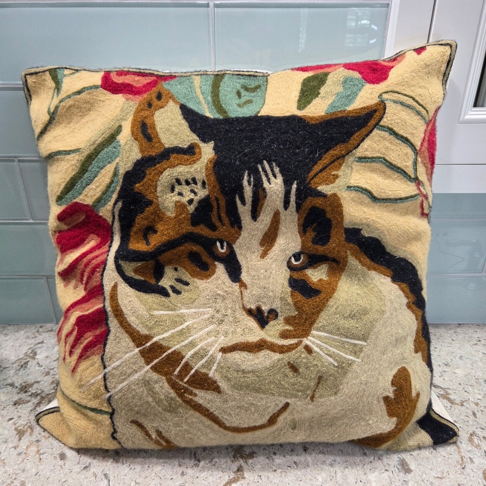 Vintage Needle Felted Wool Calico Cat Floral Throw Pillow Folk Art Decor Boho